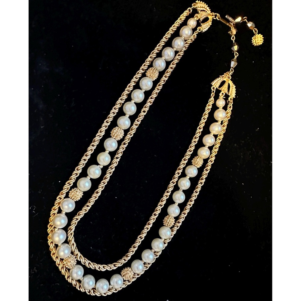 Trifari 3 Strand Gold Tone & Pearl Necklace